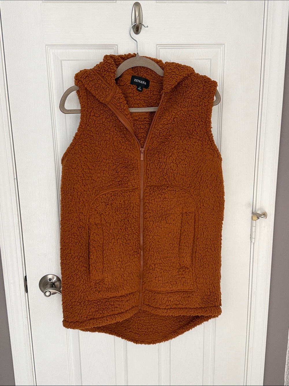 Zenana Hooded Sherpa Vest in Rust